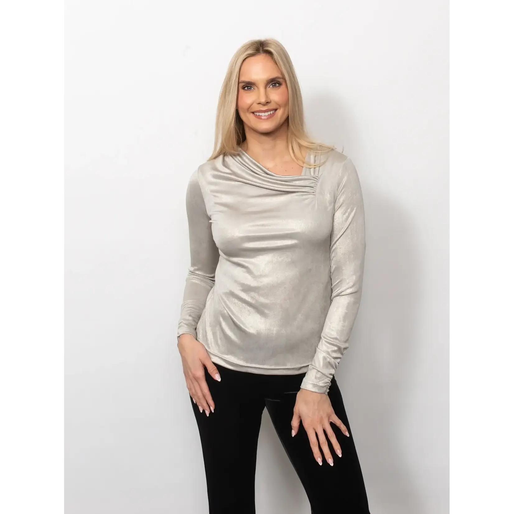 Metallic Drape Neck Top in Champagne