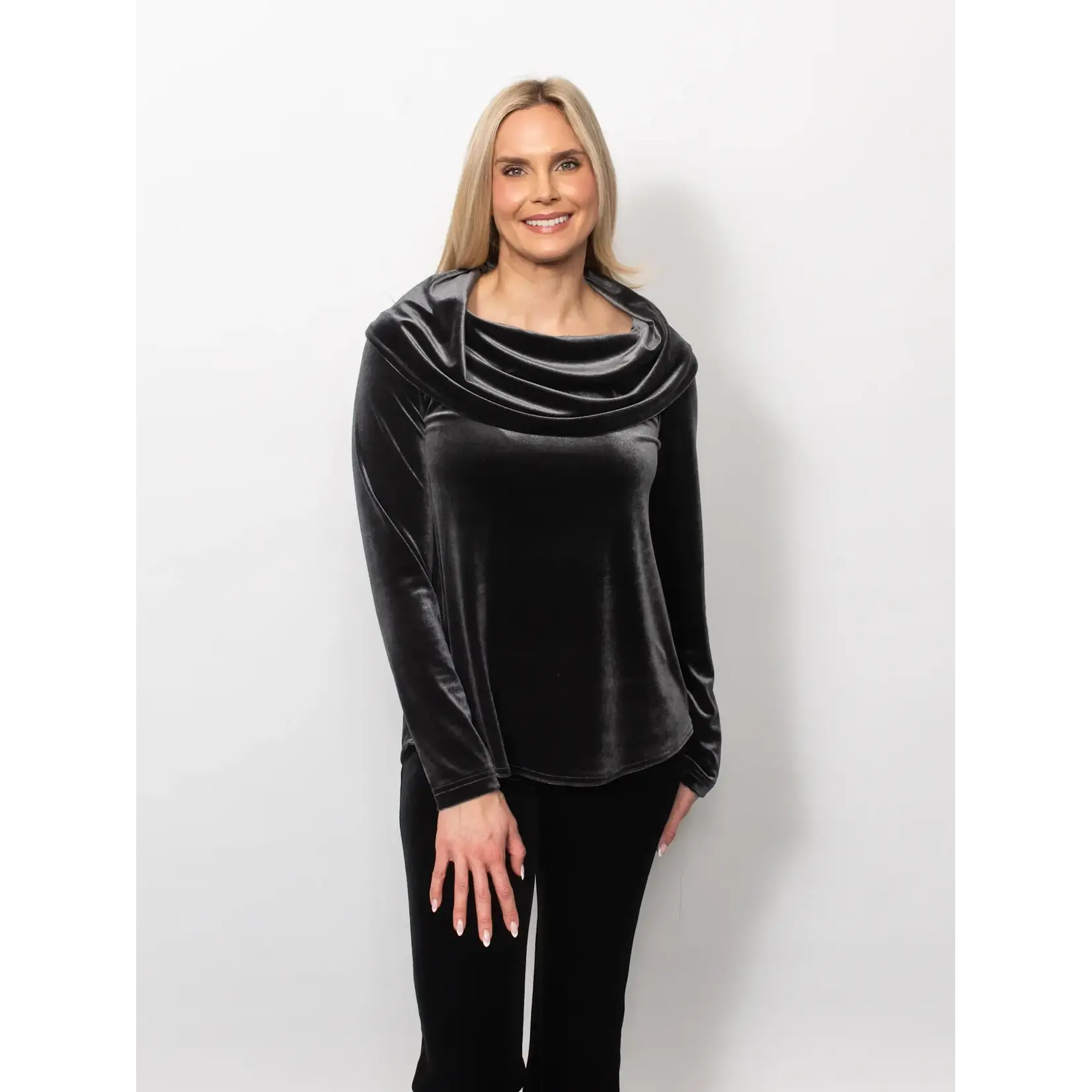 PlushTech Velvet Cowl Neck Top in Charcoal
