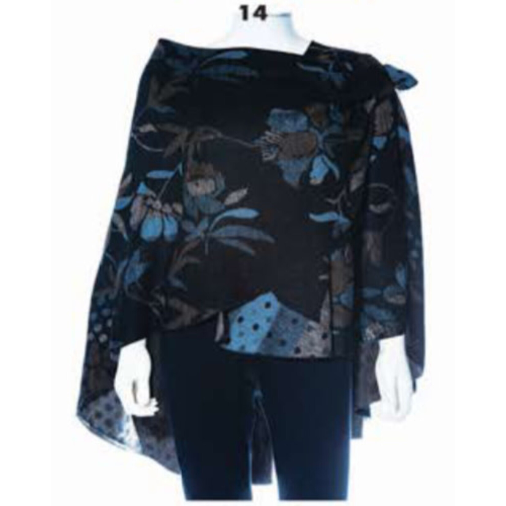Cashmere Shawl w/ Pull Thru Shoulder Tab-Navy/Tan Floral and Dots