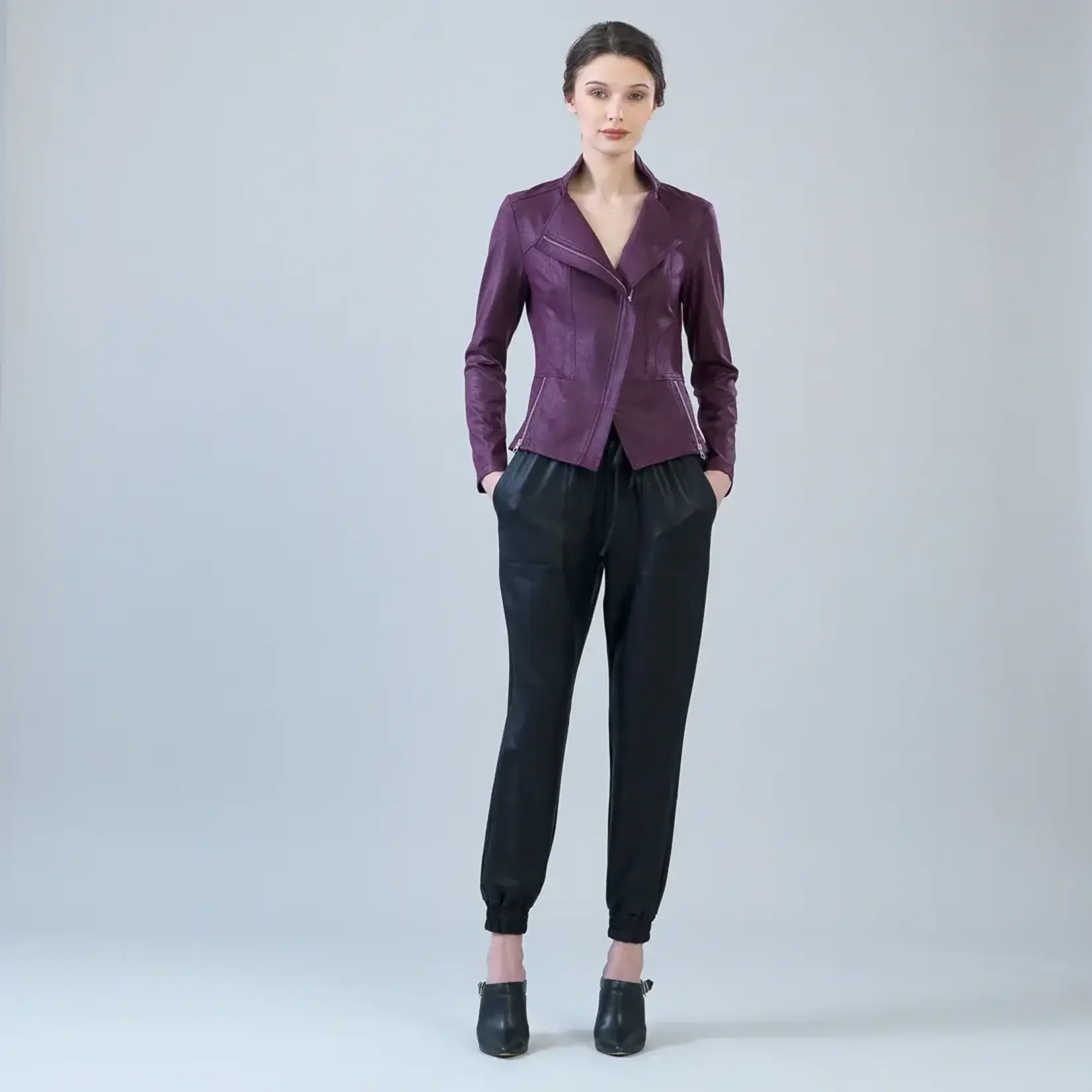 Clara Sunwoo Classic Liquid Leather Knit Jacket with Hem Zip Details in Plum
