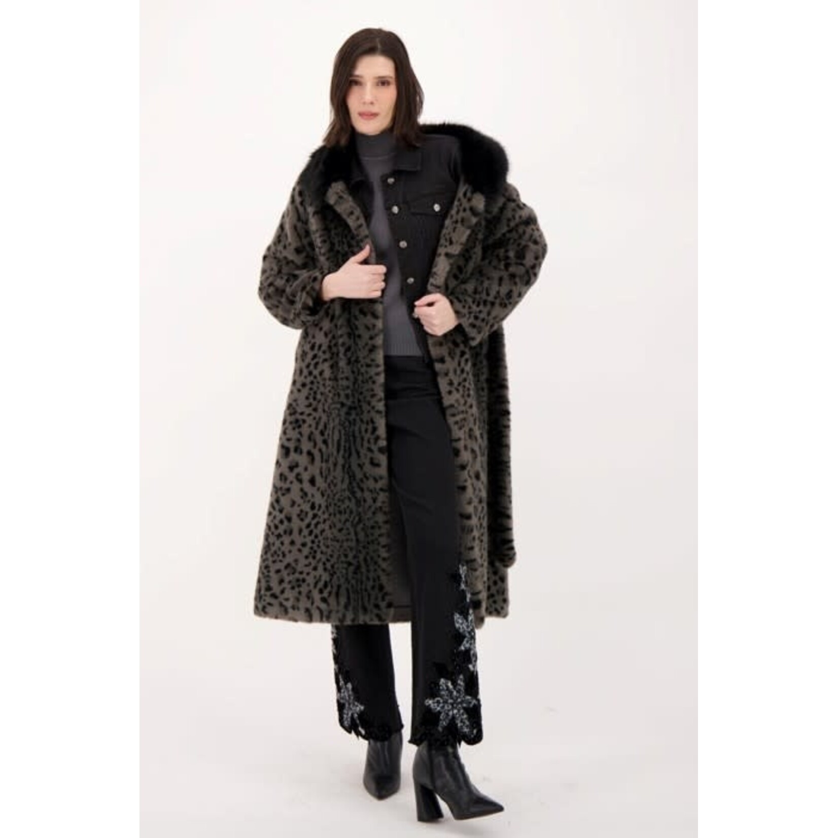 Faux Leopard Belted Coat in Grey