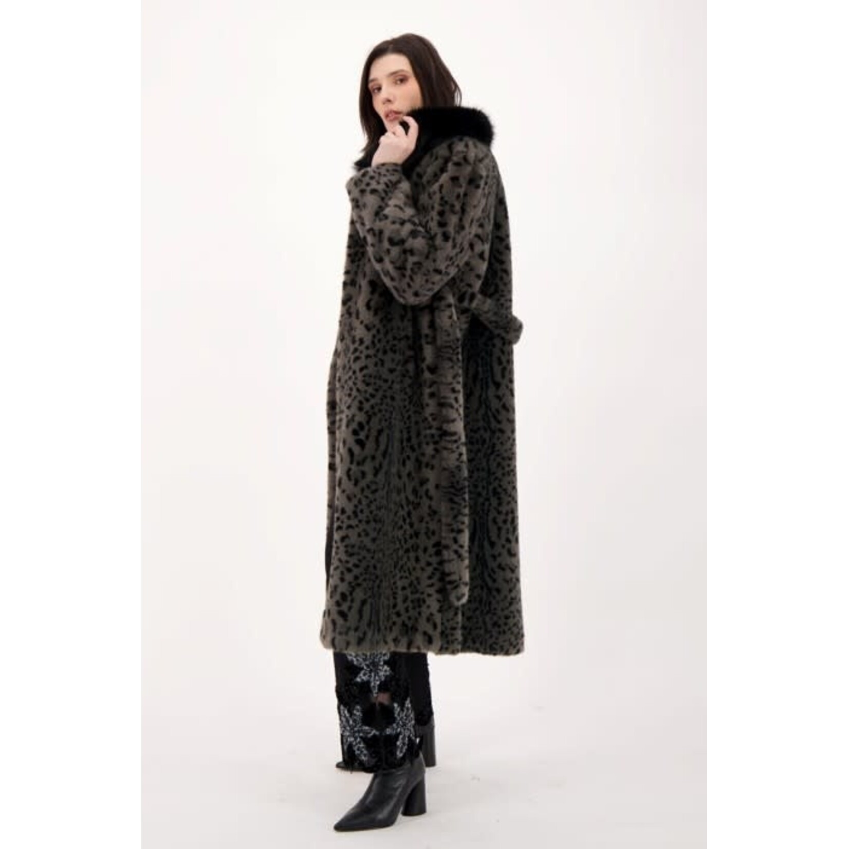 Faux Leopard Belted Coat in Grey