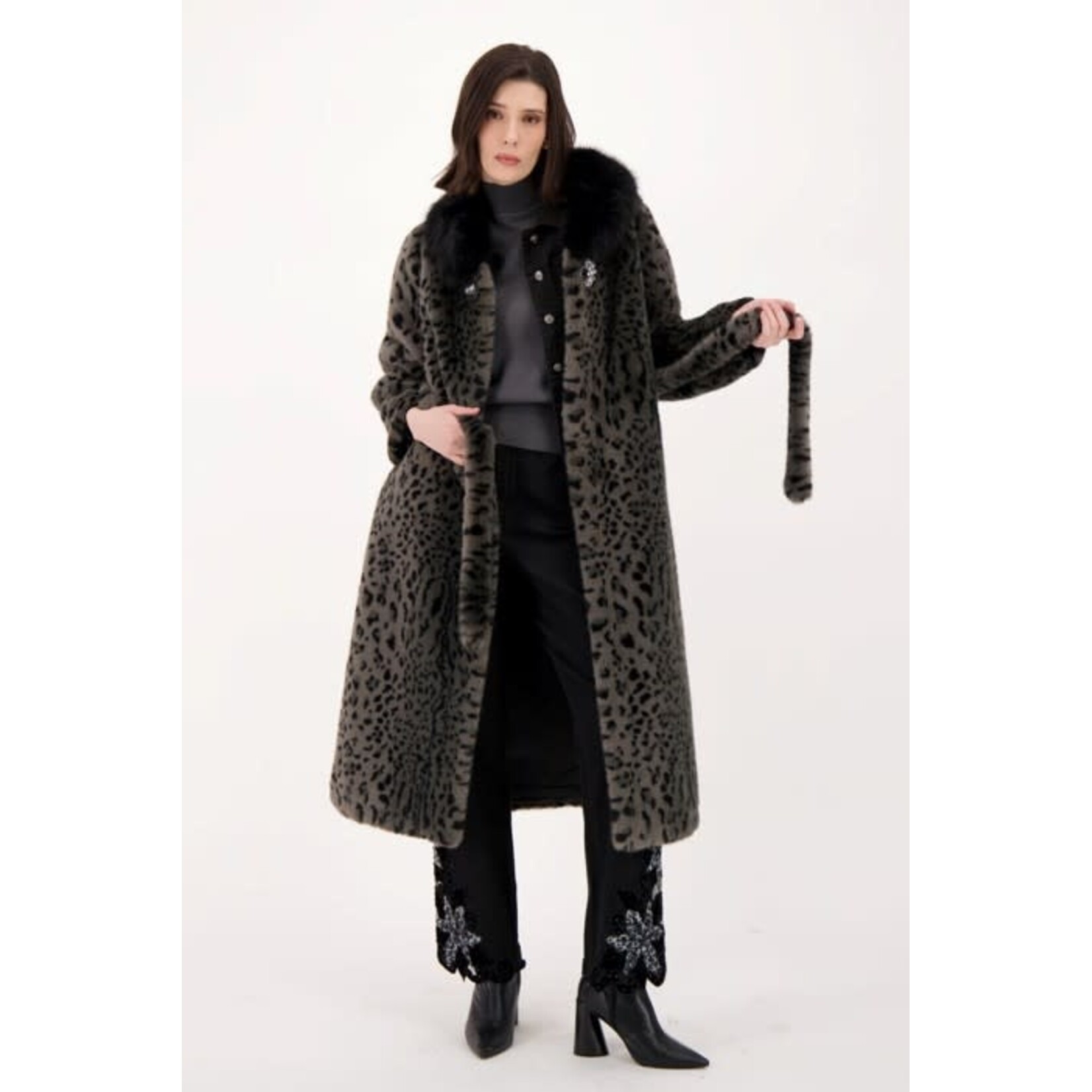 Faux Leopard Belted Coat in Grey