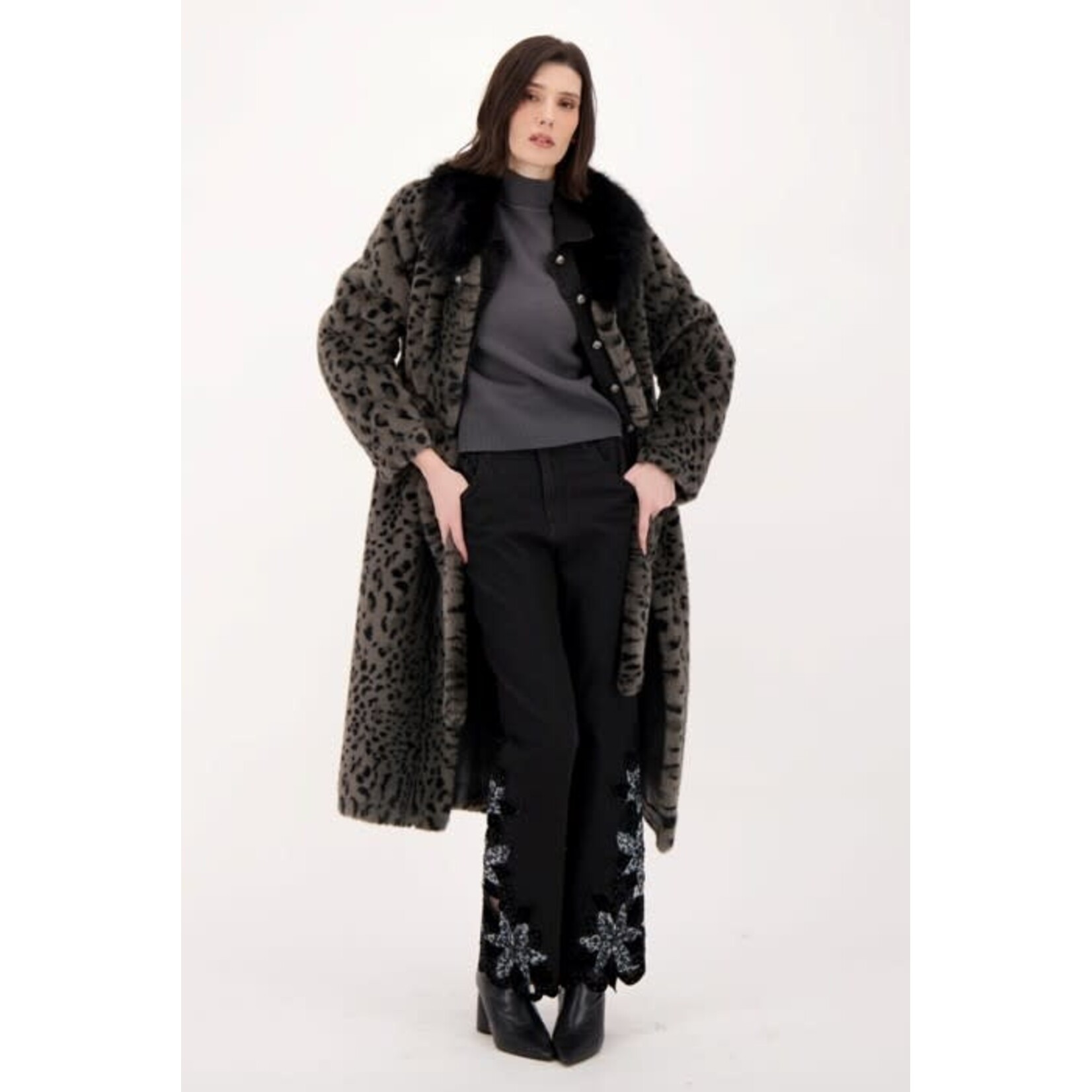 Faux Leopard Belted Coat in Grey
