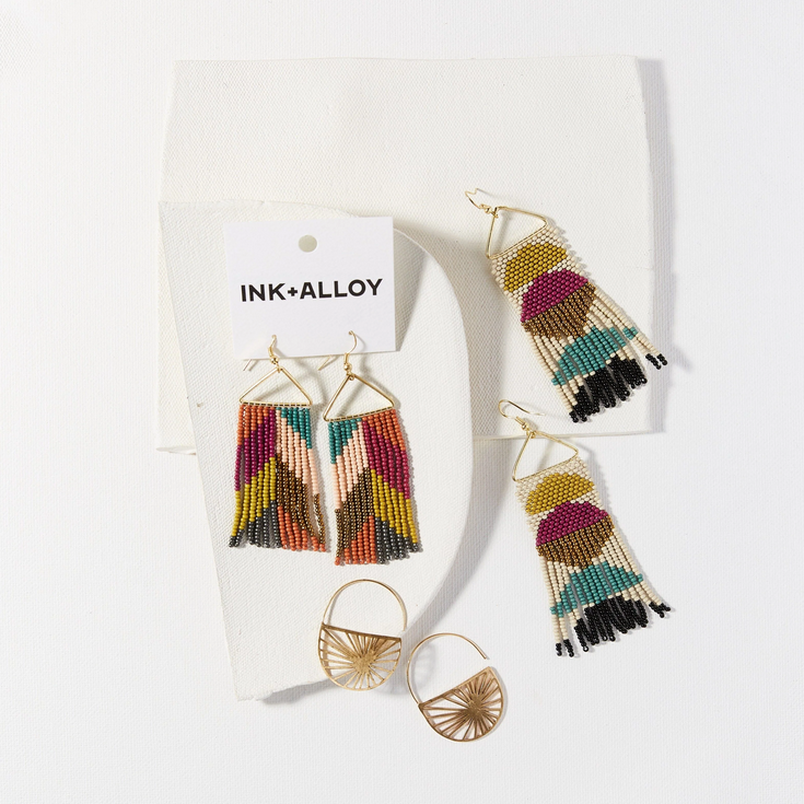 Ink + Alloy Whitney Chevron Beaded Fringe Earrings Muted Rainbow