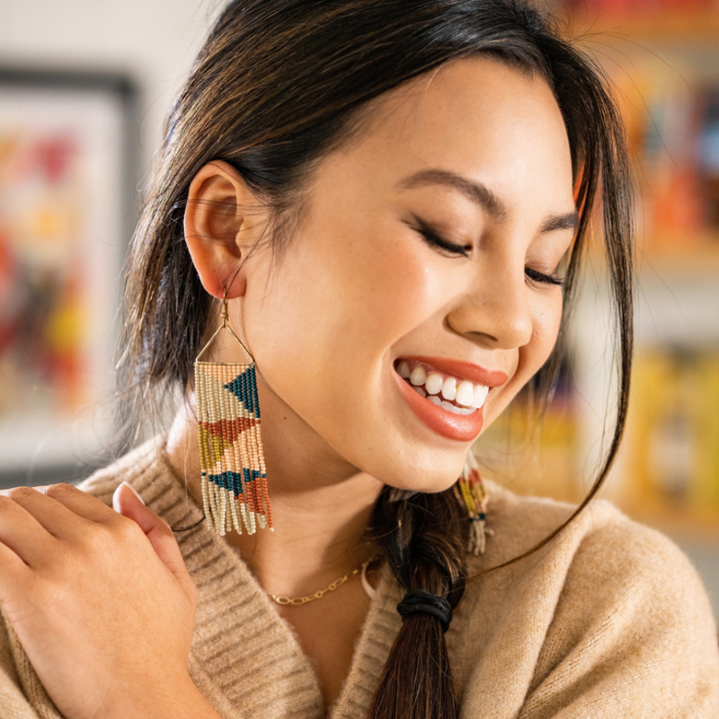 Ink + Alloy Brooke Triangles Beaded Fringe Earrings Rust