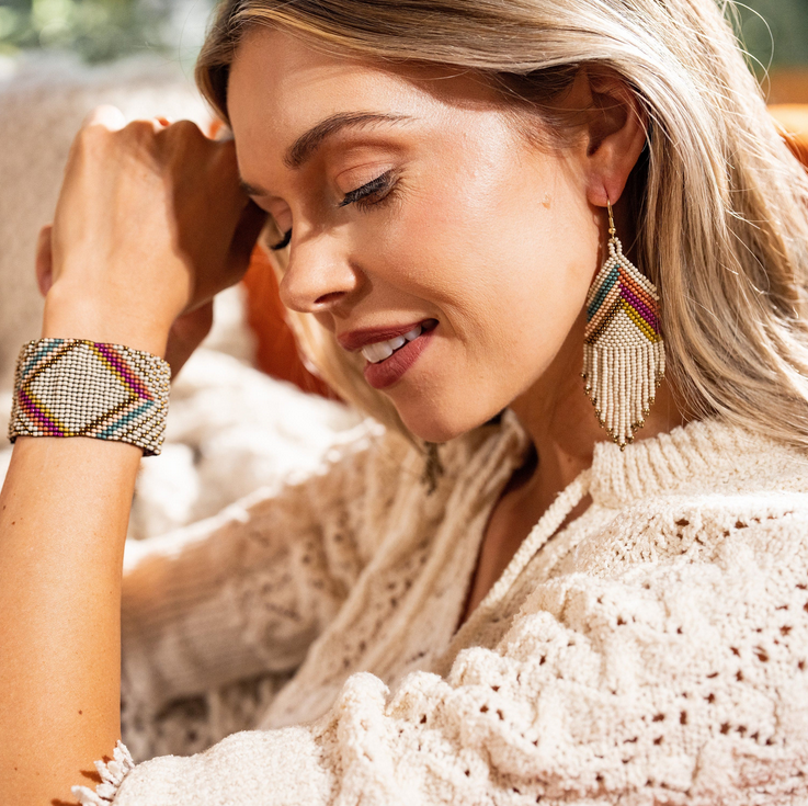 Ink + Alloy Elise Chevron Beaded Fringe Earrings Muted Rainbow