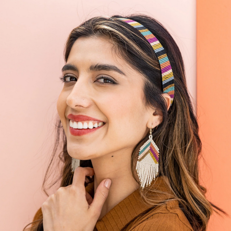 Ink + Alloy Elise Chevron Beaded Fringe Earrings Muted Rainbow