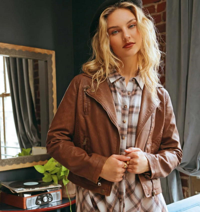 DRESSX Brown Leather Jacket with T-shirt