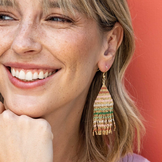 Ink + Alloy Lexie Horizontal Gold Lines Beaded Fringe Earrings Desert