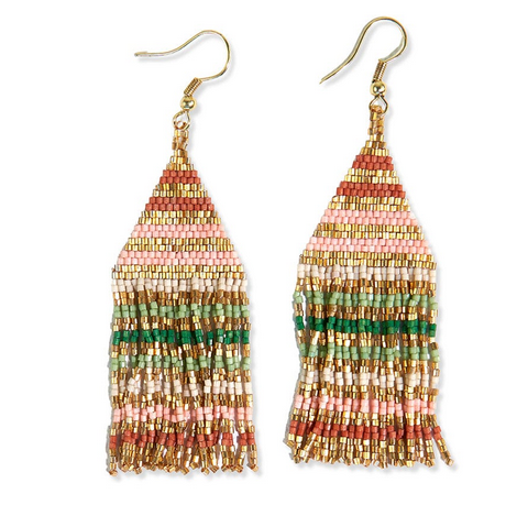 Ink + Alloy Lexie Horizontal Gold Lines Beaded Fringe Earrings Desert
