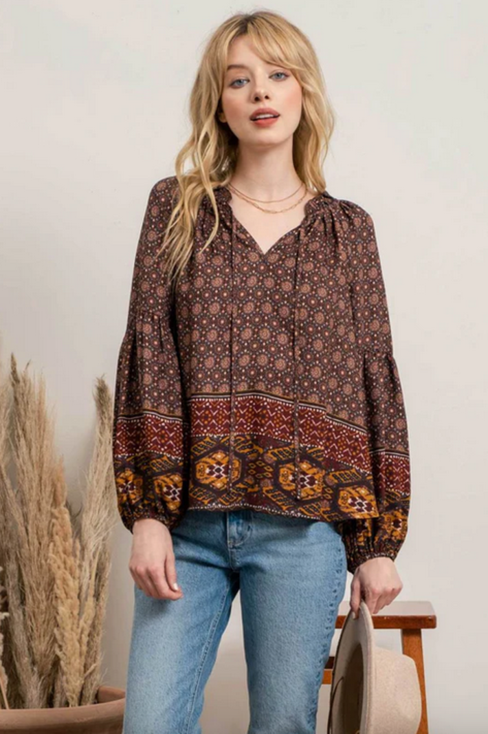 Blu Pepper Boho Border Print Blouse