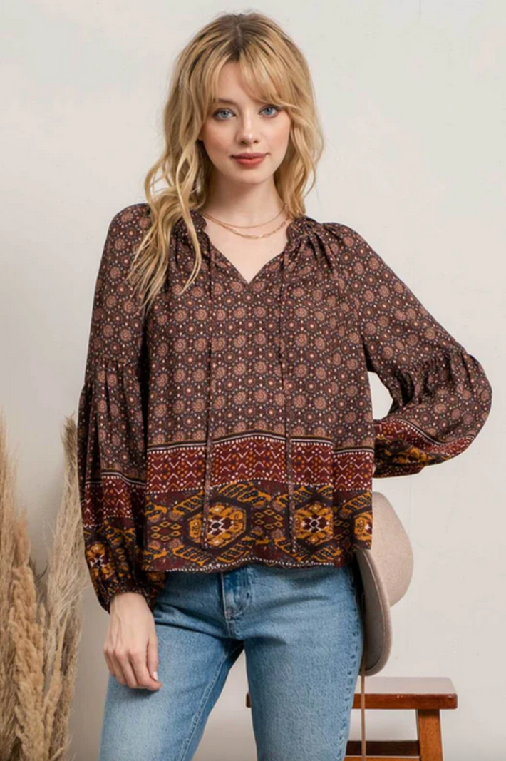 Blu Pepper Boho Border Print Blouse