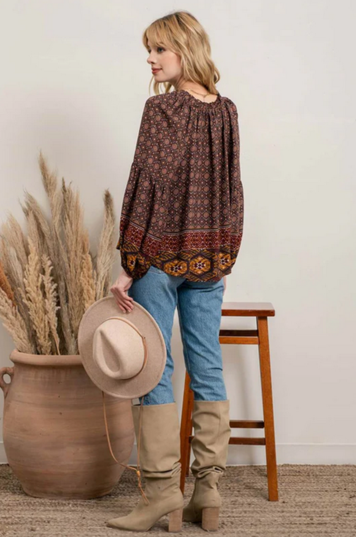 Blu Pepper Boho Border Print Blouse