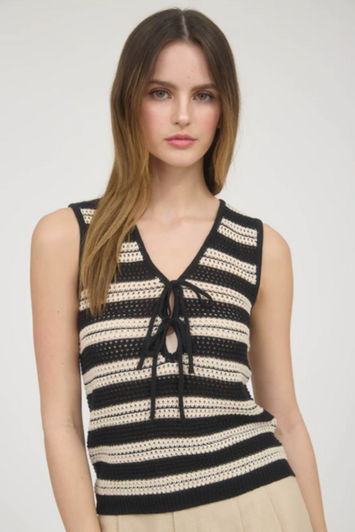 Blu Pepper Striped Crochet Tie Top