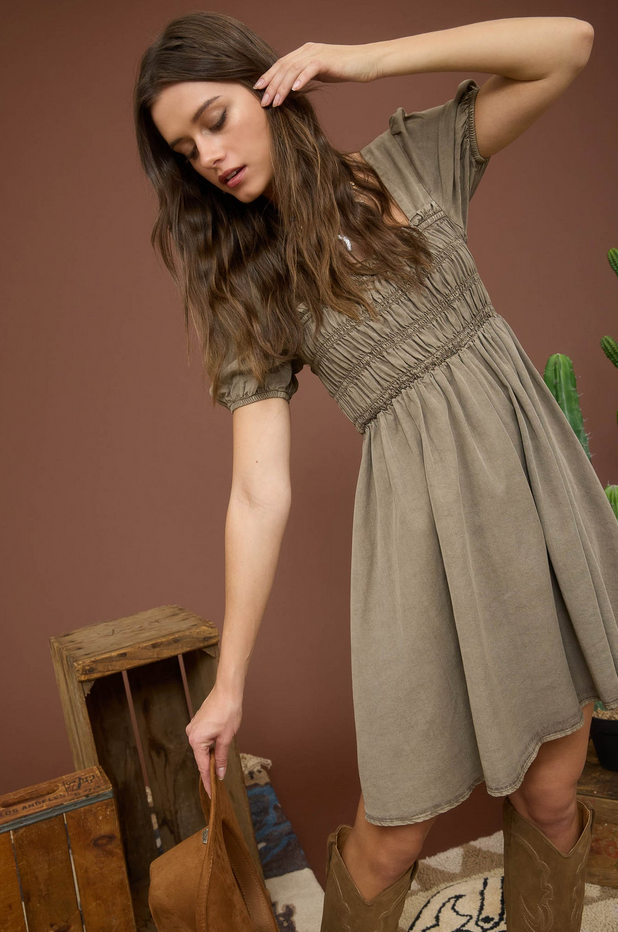 Blu Pepper Puff Sleeve Smock Dress