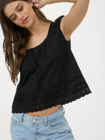 Blu Pepper Cap Sleeve Eyelet Trim Blouse