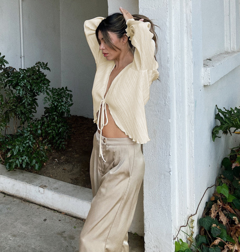 Sweetkama Tie Front Crinkle Cardigan