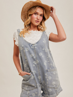 Hem & Thread Flower Motif Denim Shortall
