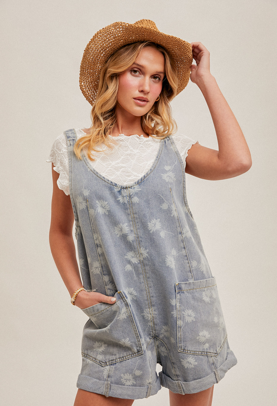 Hem & Thread Flower Motif Denim Shortall