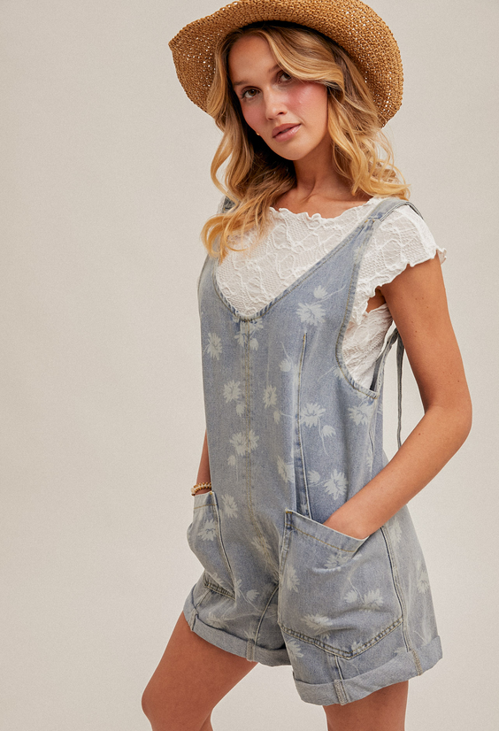 Hem & Thread Flower Motif Denim Shortall