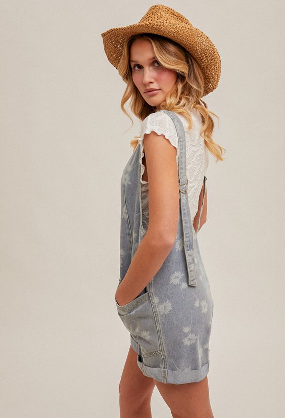 Hem & Thread Flower Motif Denim Shortall