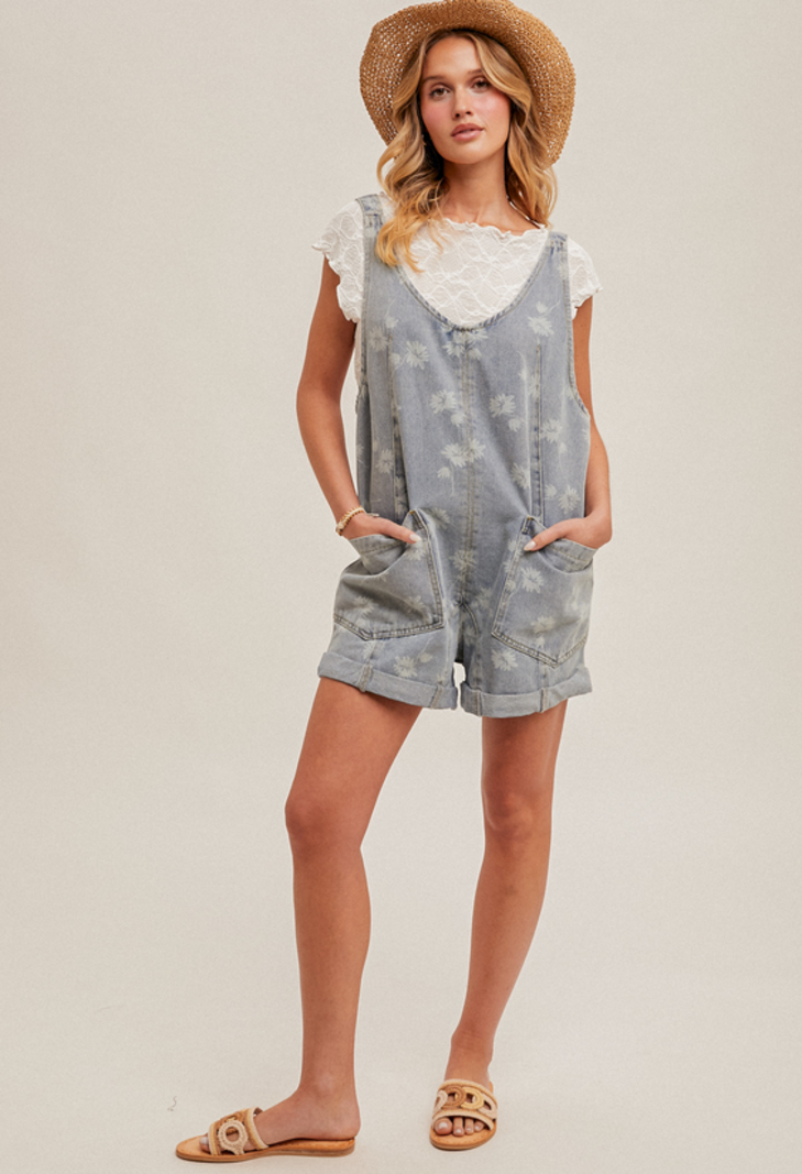 Hem & Thread Flower Motif Denim Shortall