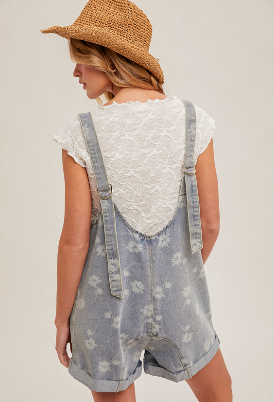 Hem & Thread Flower Motif Denim Shortall