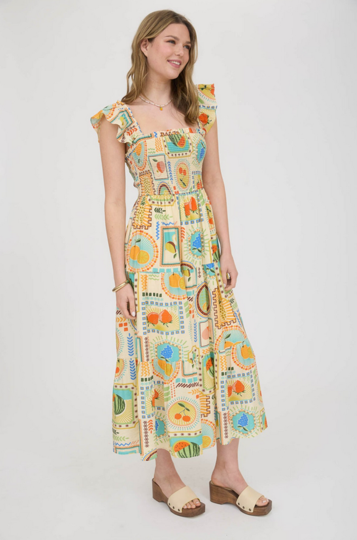Blu Pepper Smocked Fruit Print Dress