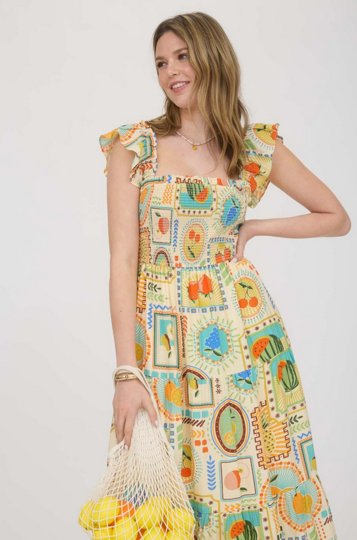 Blu Pepper Smocked Fruit Print Dress