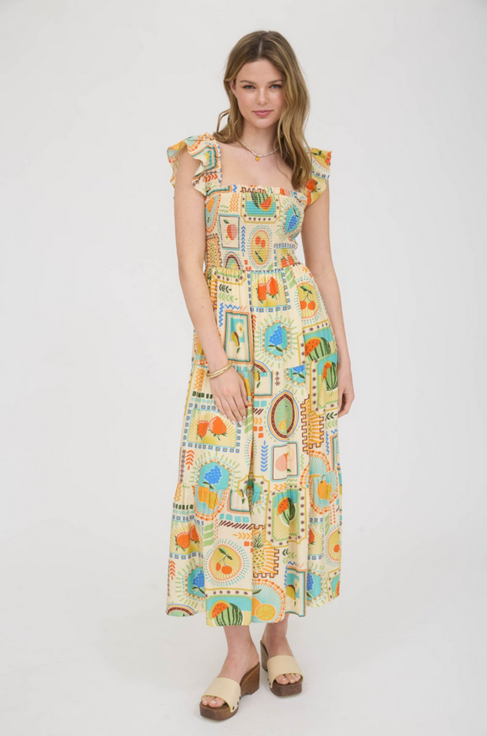 Blu Pepper Smocked Fruit Print Dress