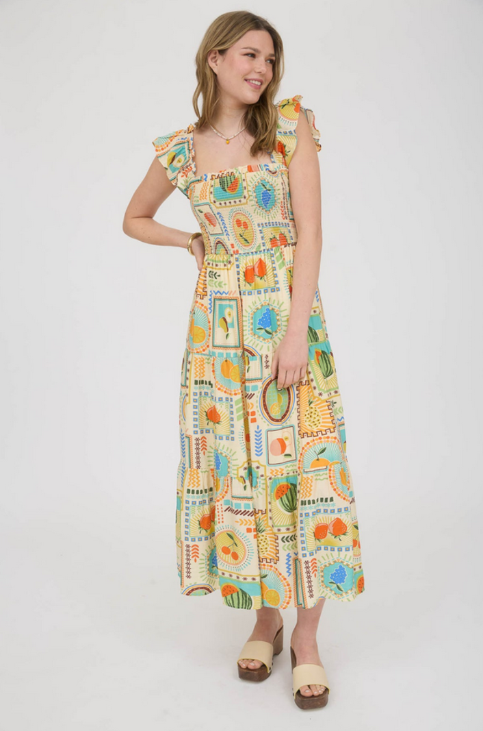 Blu Pepper Smocked Fruit Print Dress