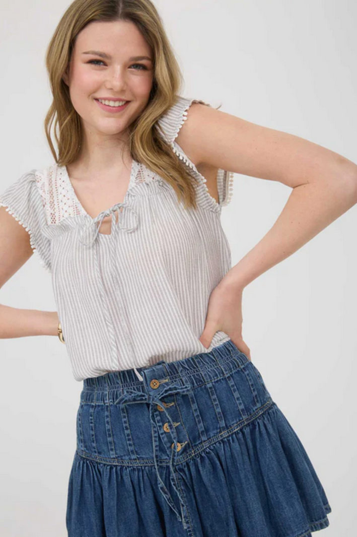 Blu Pepper Striped Lace Yoke Top