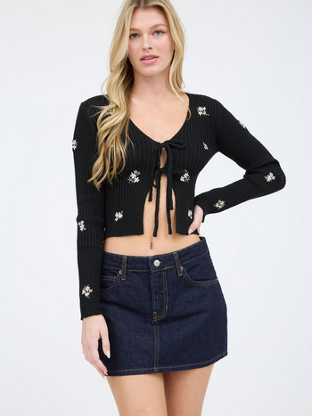 Blu Pepper Embroidered Floral Tie Front Cardi