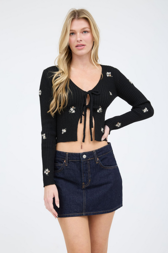 Blu Pepper Embroidered Floral Tie Front Cardi
