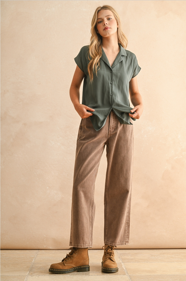 Miou Muse Silky Cap Sleeve Button Up