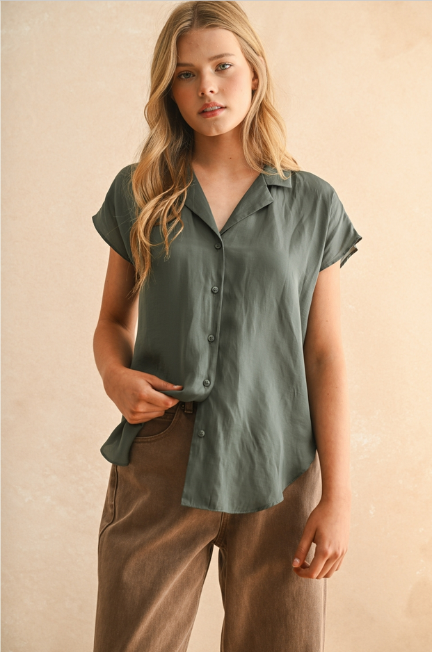 Miou Muse Silky Cap Sleeve Button Up