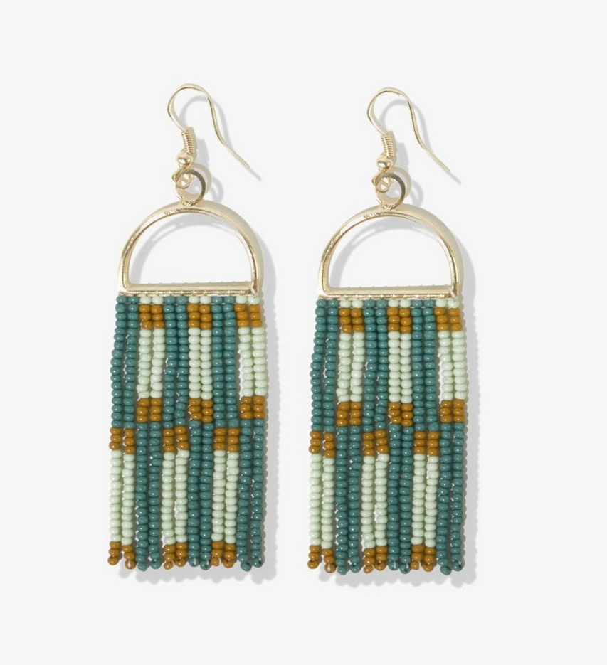 Ink + Alloy Allison Check Stripe Beaded Fringe Earrings Green