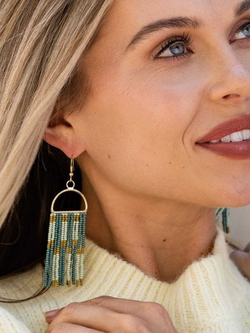 Ink + Alloy Allison Check Stripe Beaded Fringe Earrings Green
