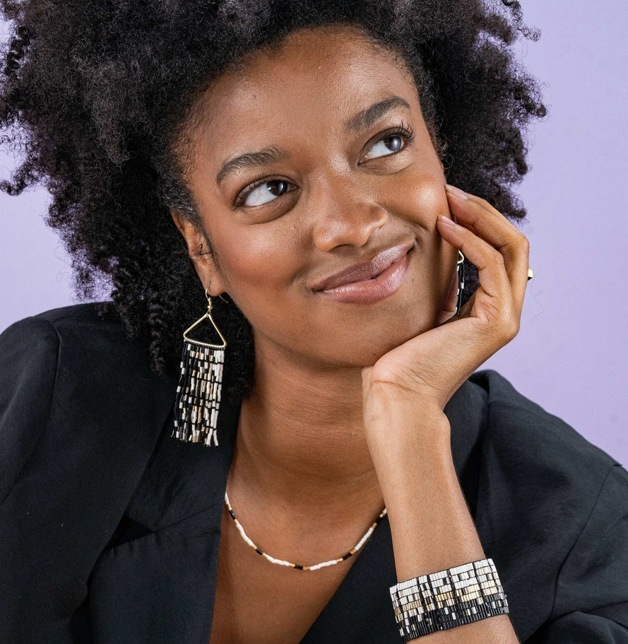 Ink + Alloy Patricia Mixed Luxe Bead Gradient Fringe Earrings Black/White