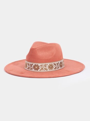 Fame Floral Ribbon Trim Suedette Hat Rust
