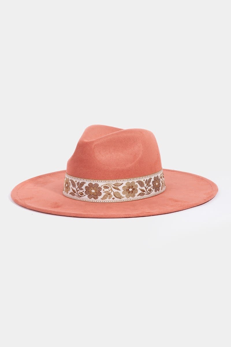 Fame Floral Ribbon Trim Suedette Hat Rust