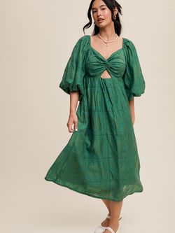 Listicle Puff Sleeve Eyelet Midi Dress