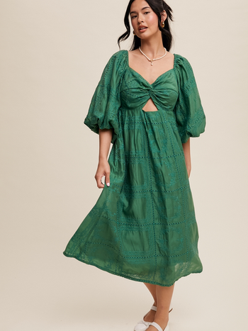 Listicle Puff Sleeve Eyelet Midi Dress
