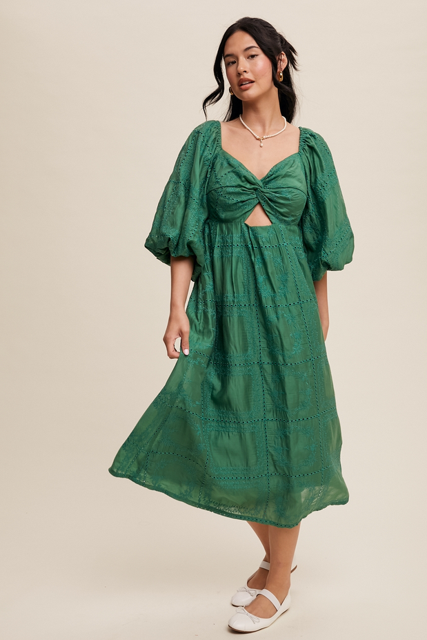 Listicle Puff Sleeve Eyelet Midi Dress