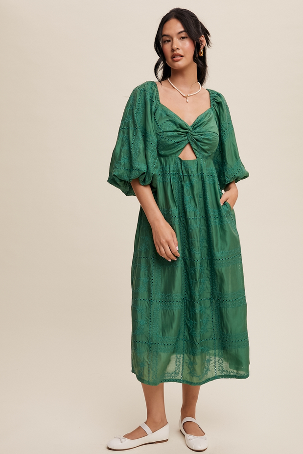 Listicle Puff Sleeve Eyelet Midi Dress