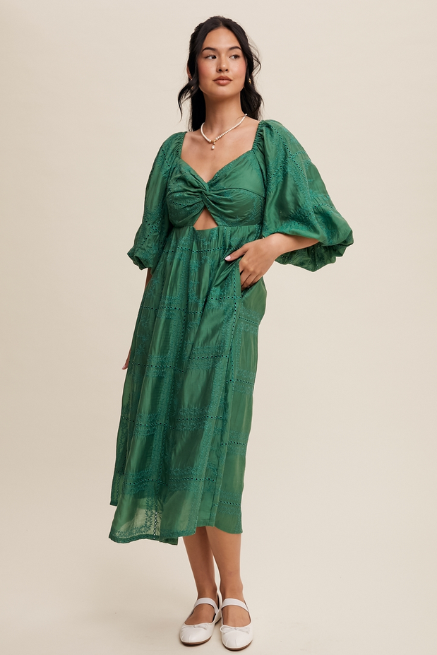 Listicle Puff Sleeve Eyelet Midi Dress