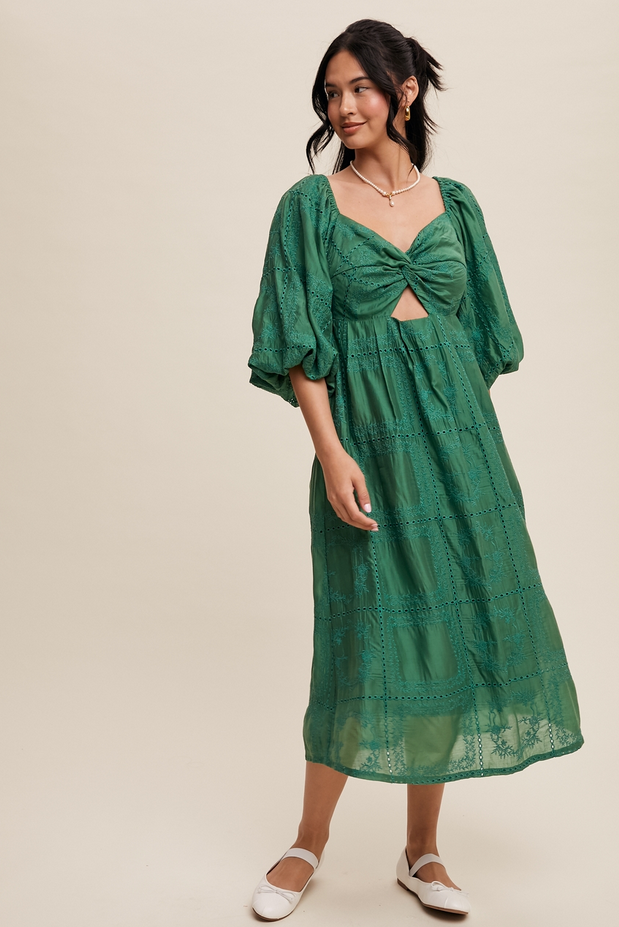 Listicle Puff Sleeve Eyelet Midi Dress