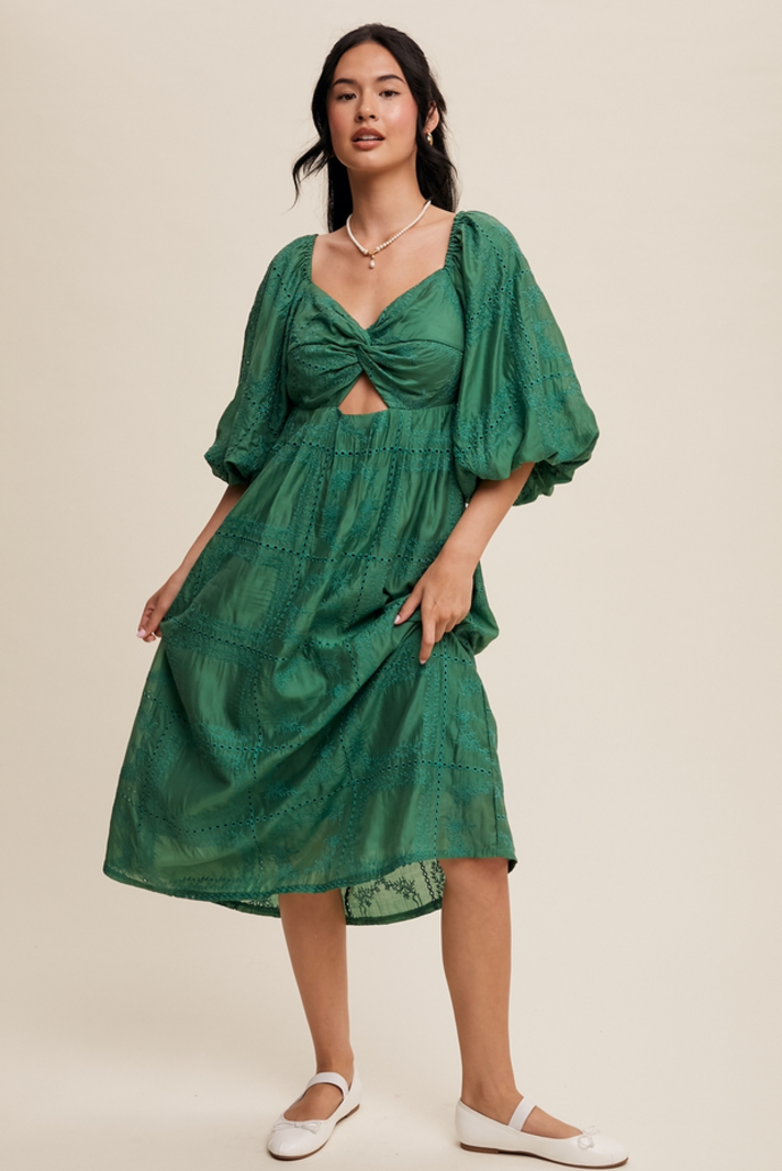Listicle Puff Sleeve Eyelet Midi Dress
