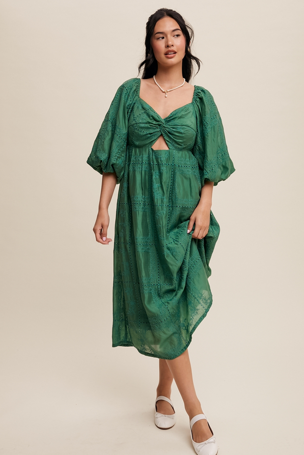 Listicle Puff Sleeve Eyelet Midi Dress